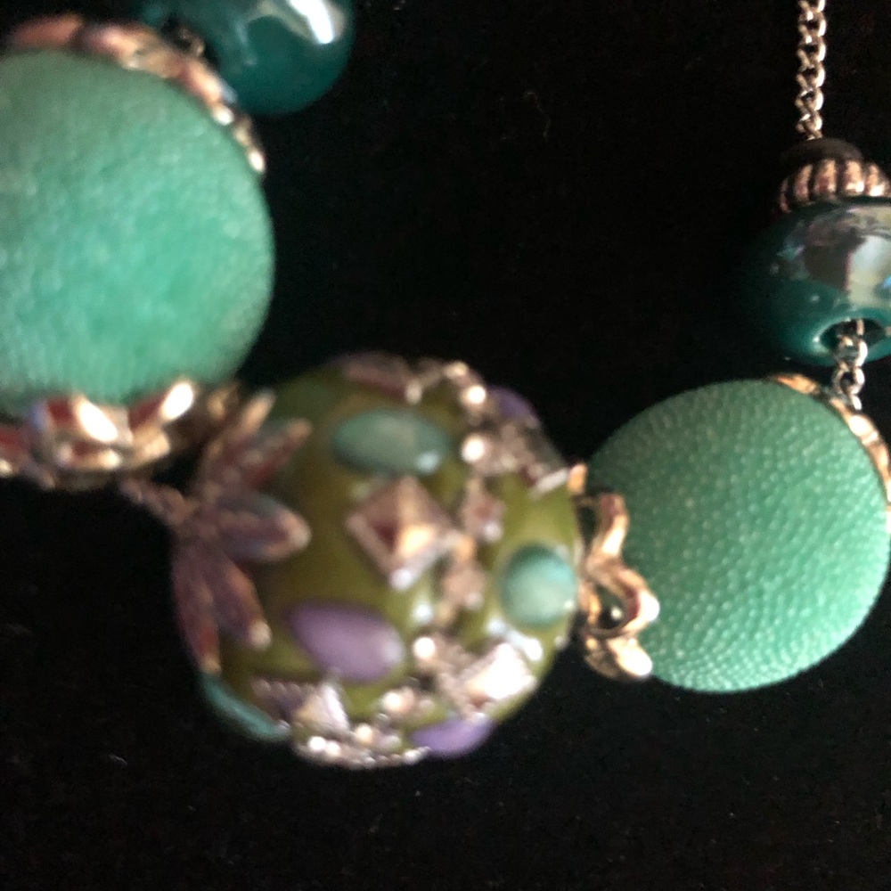 Silver plated, chain necklace with purple, teal and green acrylic & glass beads